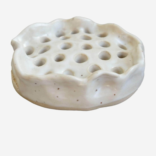 Large White Speckled Curvy Ceramic Flower Frog