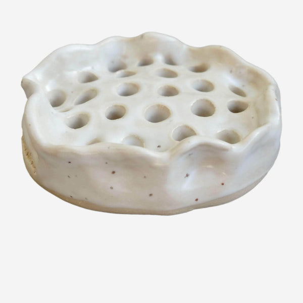 Large White Speckled Curvy Ceramic Flower Frog