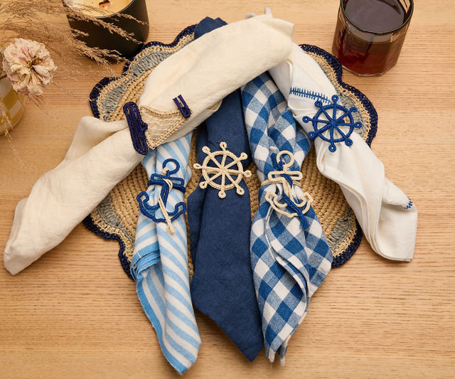 Nautical Anchor Napkin Rings – Coastal Table Decor, Handmade Raffia Napkin Holders, Set of 4 Blue and White Anchor Rings