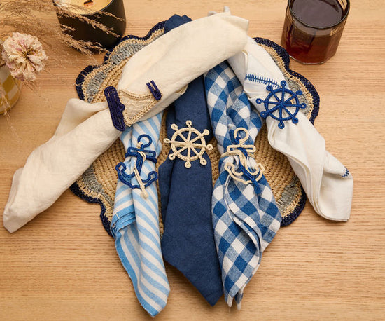Nautical Anchor Napkin Rings – Coastal Table Decor, Handmade Raffia Napkin Holders, Set of 4 Blue and White Anchor Rings
