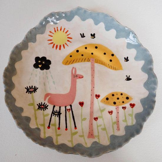 Handmade Illustrated Plate with Pink Llama, Toadstools , Hearts , Sun and Clouds