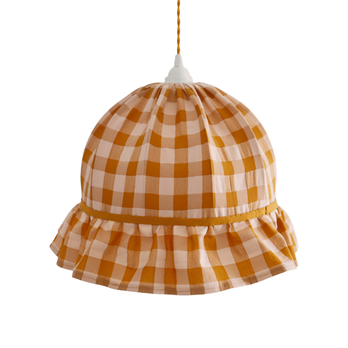 Vintage Dome Pendant Light with Ruffles in Mustard Gingham Print