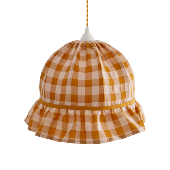 Vintage Dome Pendant Light with Ruffles in Mustard Gingham Print
