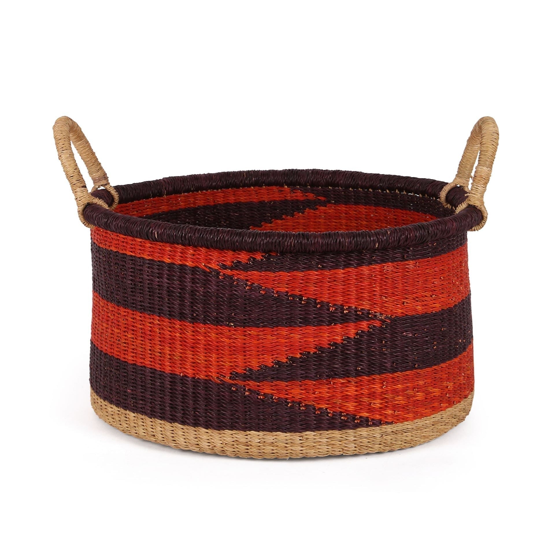 KWAMENA: Medium Orange and Burgundy Floor Storage Basket with Handles