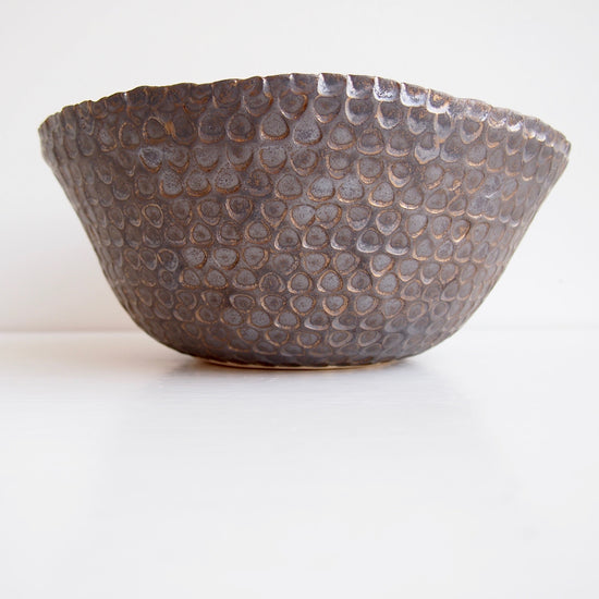 Handmade Satin White and Black/Gold Textural Ceramic Fruit Bowl