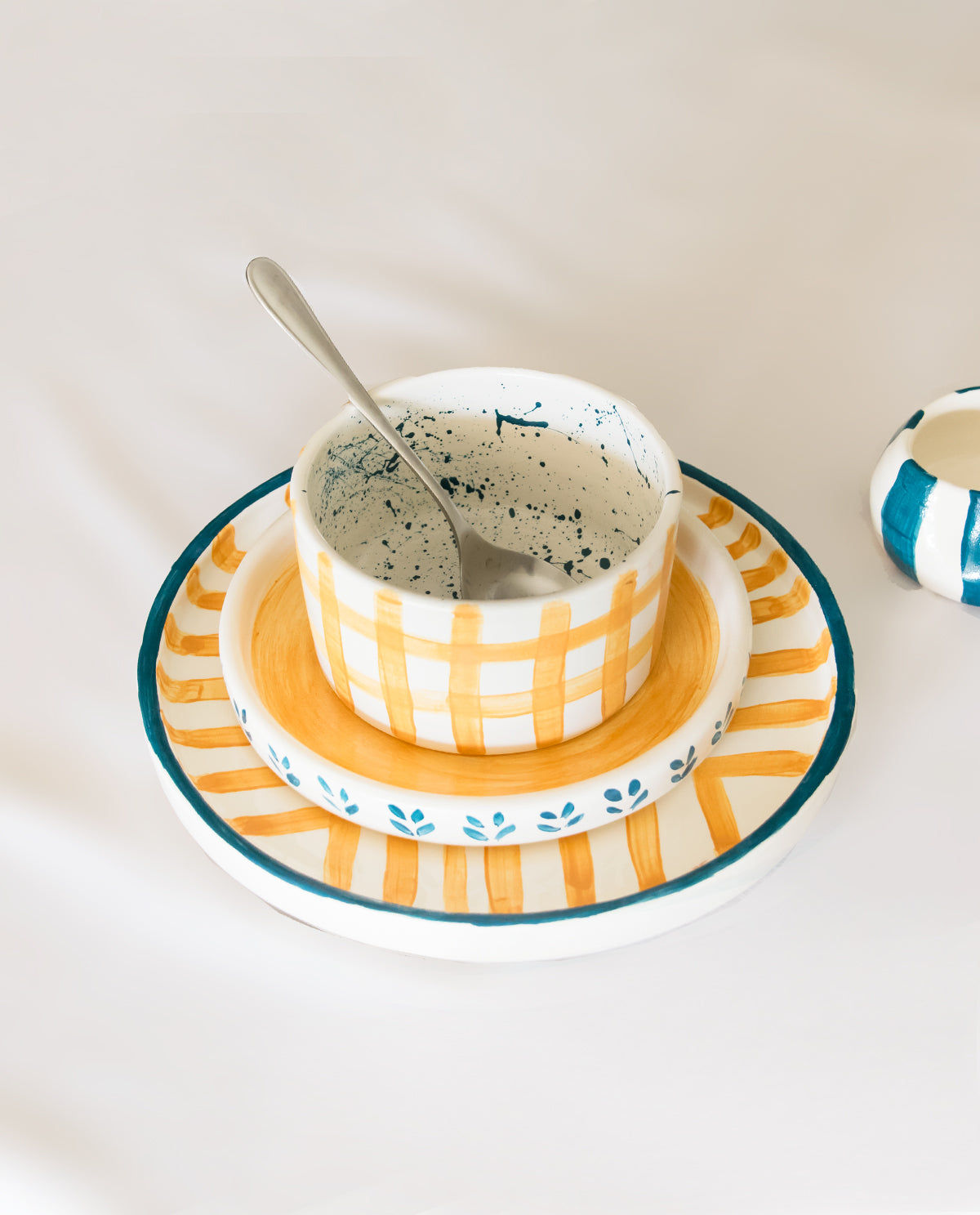 Yellow Plaid Handmade Ceramic Soup Bowl