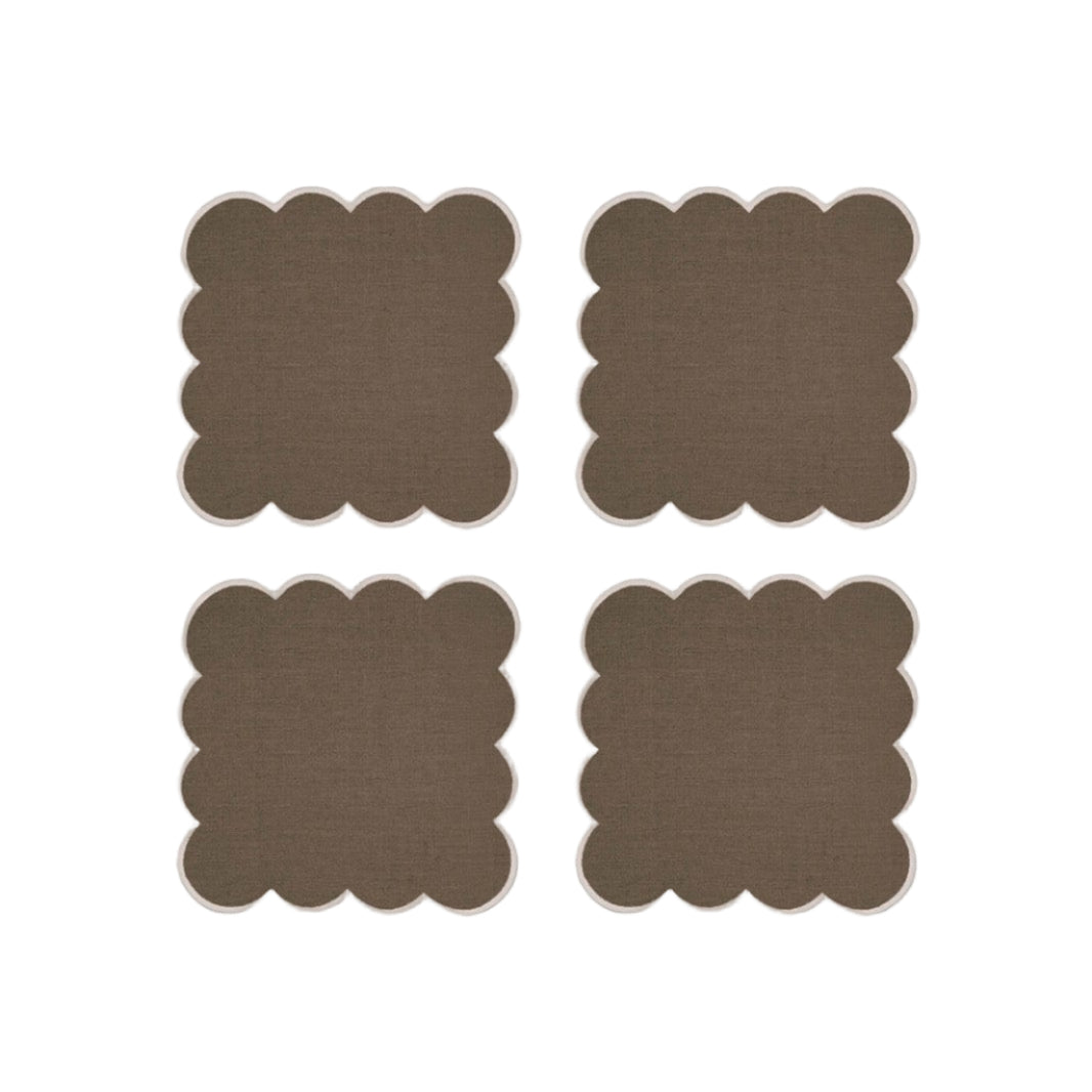Zero-Waste Scalloped Linen Cocktail Napkins Mocha - Set of 4