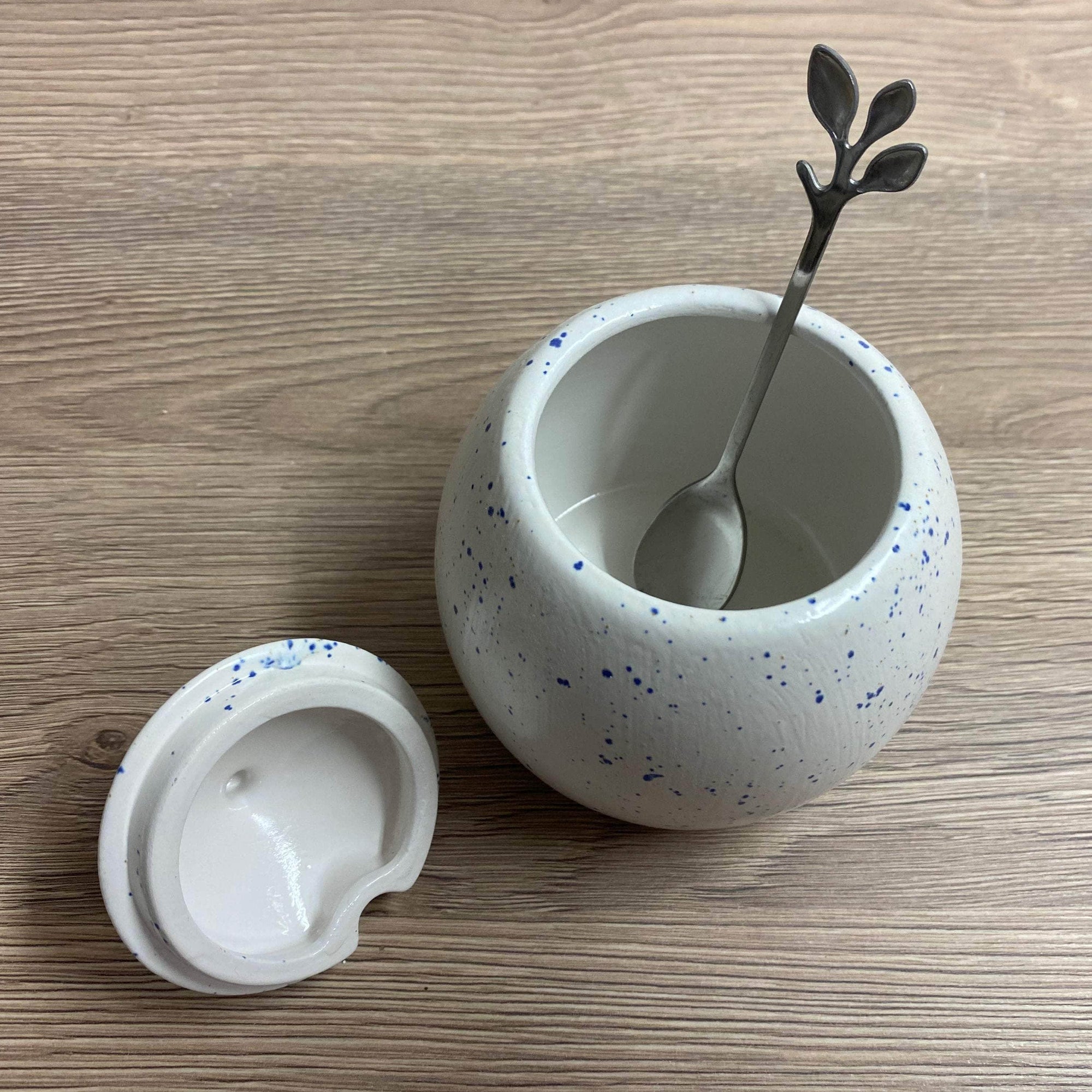 Sugar Bowl with Spoon Light Speckled Blue