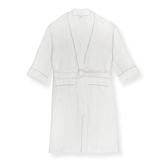Personalised Two Initial Liège Robe in Ivory White Waffle with Olive Green Hemstitch