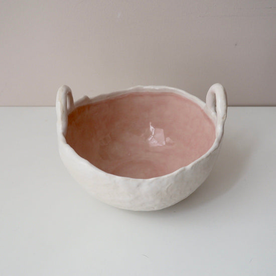 Handmade Pastel Pink and White Ceramic Bowl with Handles