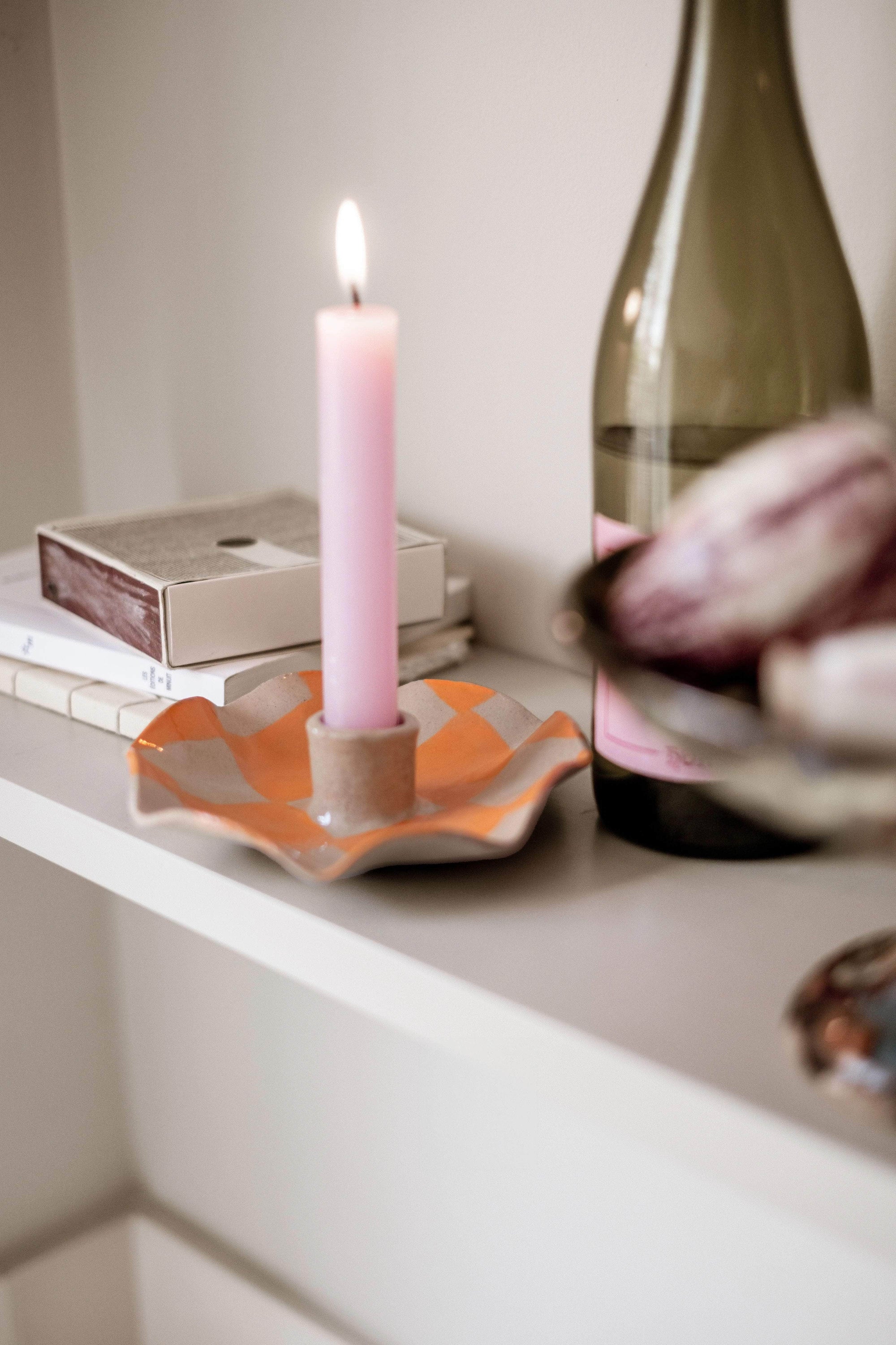 Orange Check Scalloped Candle Holders