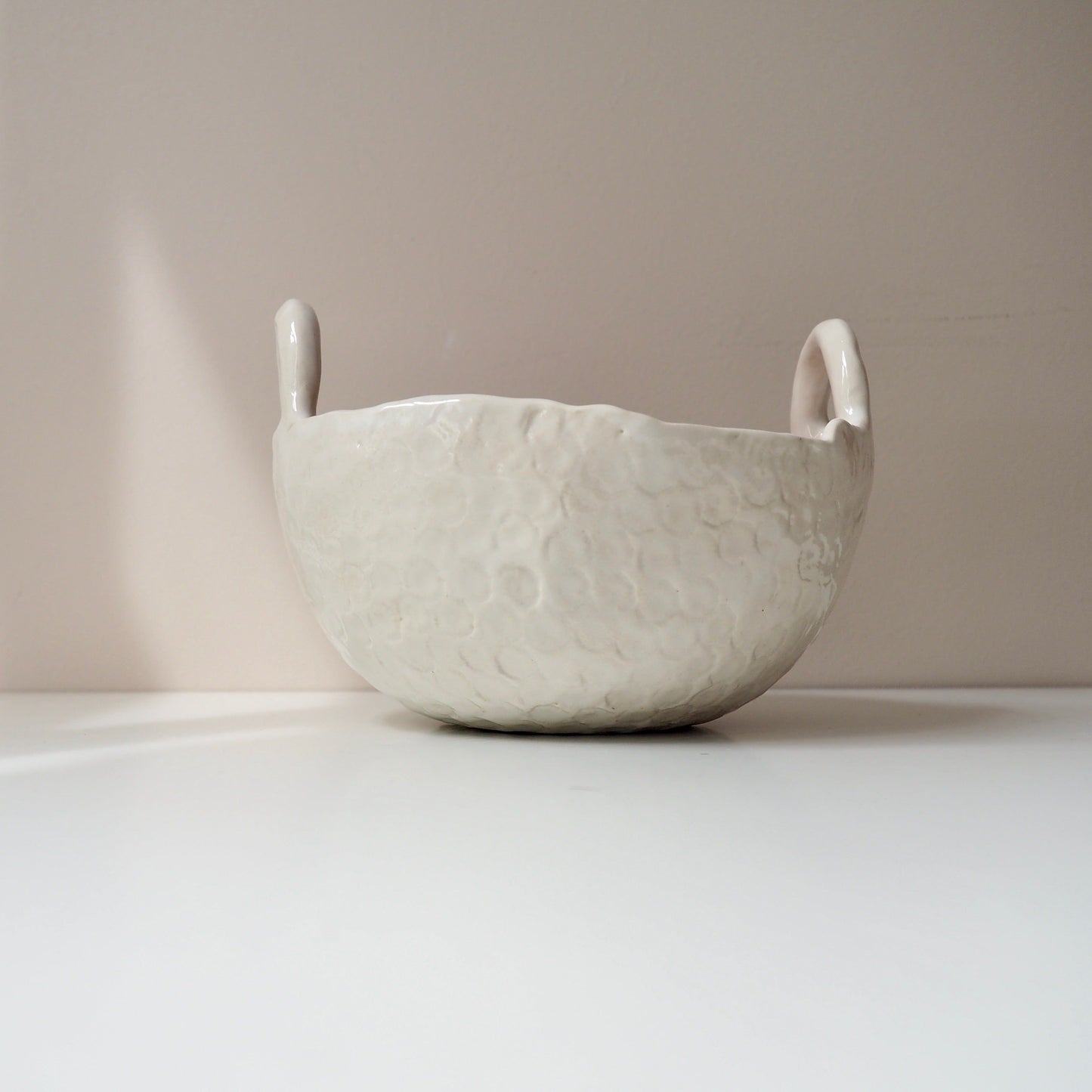 Handmade Pastel Pink and White Ceramic Bowl with Handles
