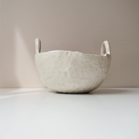 Handmade Pastel Pink and White Ceramic Bowl with Handles