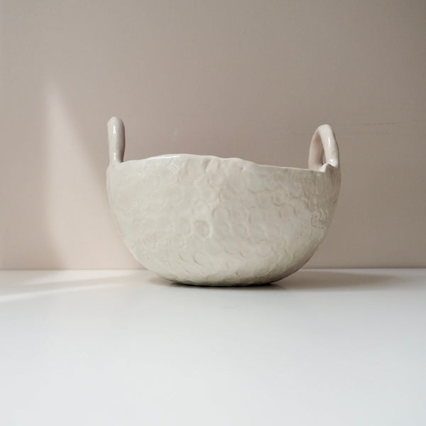 Handmade Pastel Pink and White Ceramic Bowl with Handles
