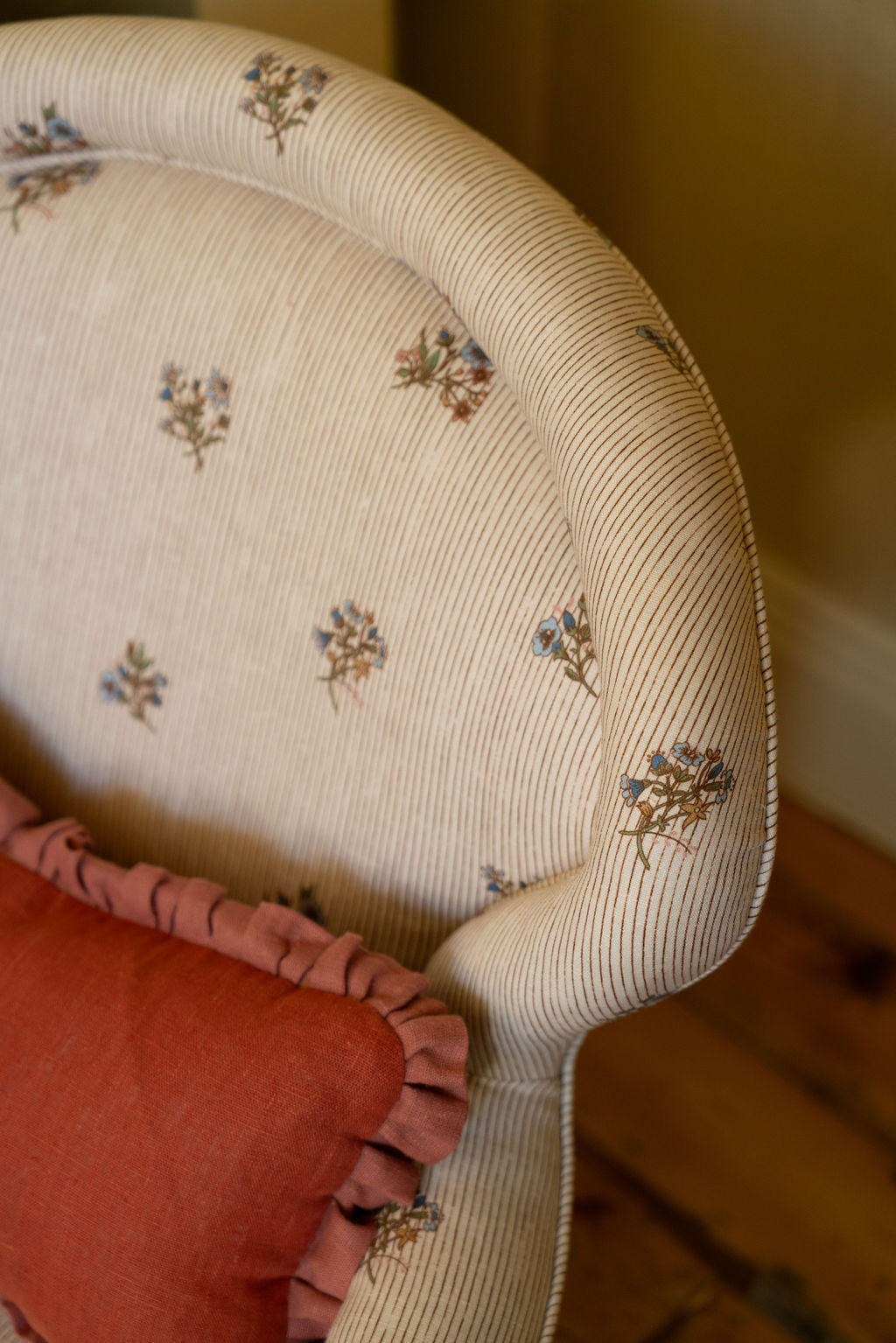 Flax & Field Posy Pinstripe Print Cushion with Chambray Blue Piping