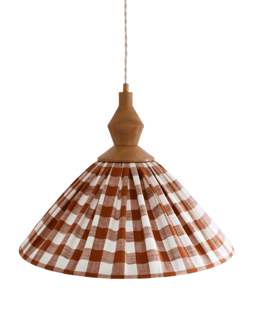 Olga Pleated Pendant Light in Terracotta Check Fabric with Turned Wood Finish
