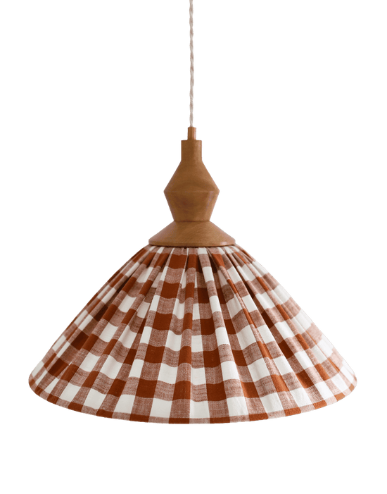 Olga Pleated Pendant Light in Terracotta Check Fabric with Turned Wood Finish
