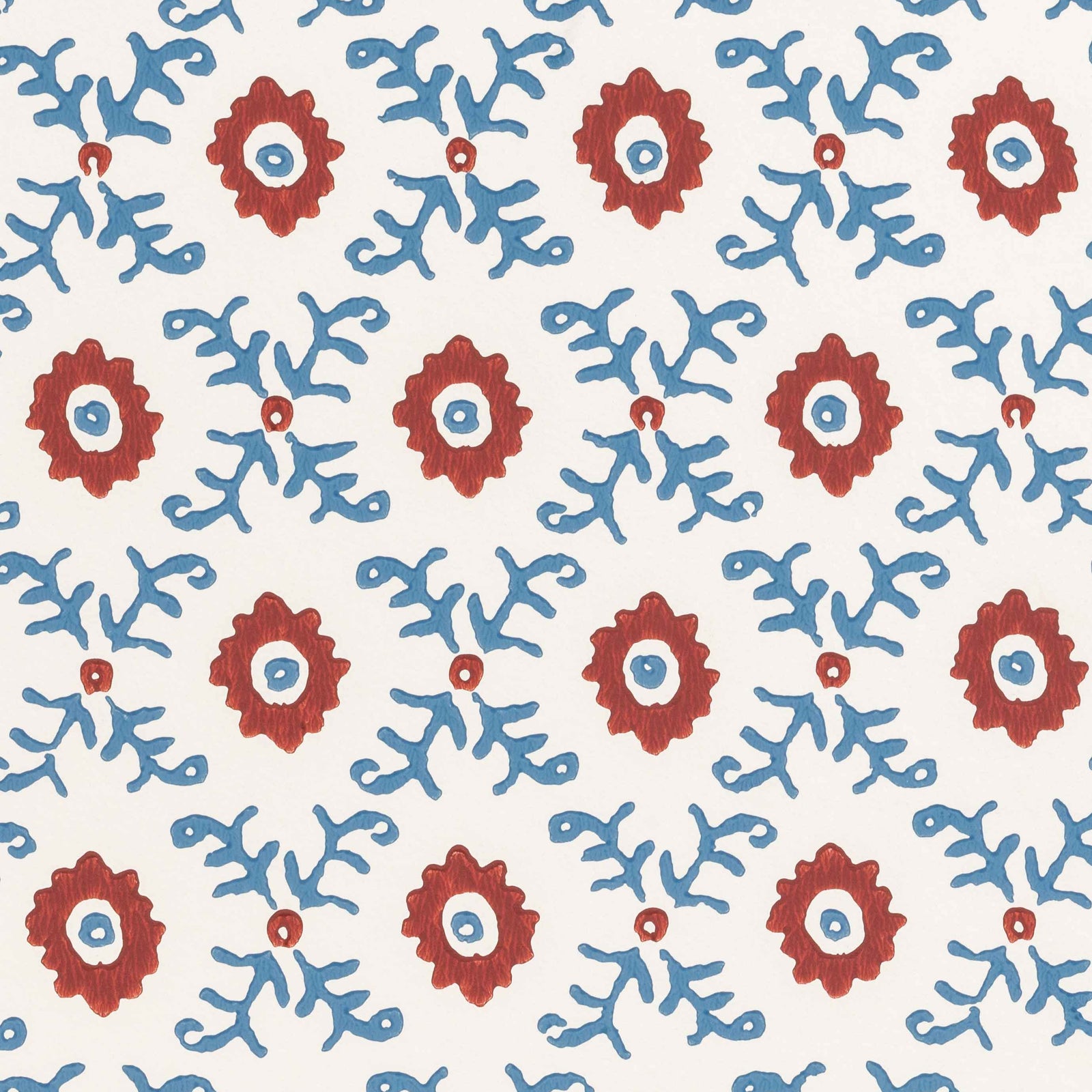 Folk Flower Wallpaper - Red / Blue