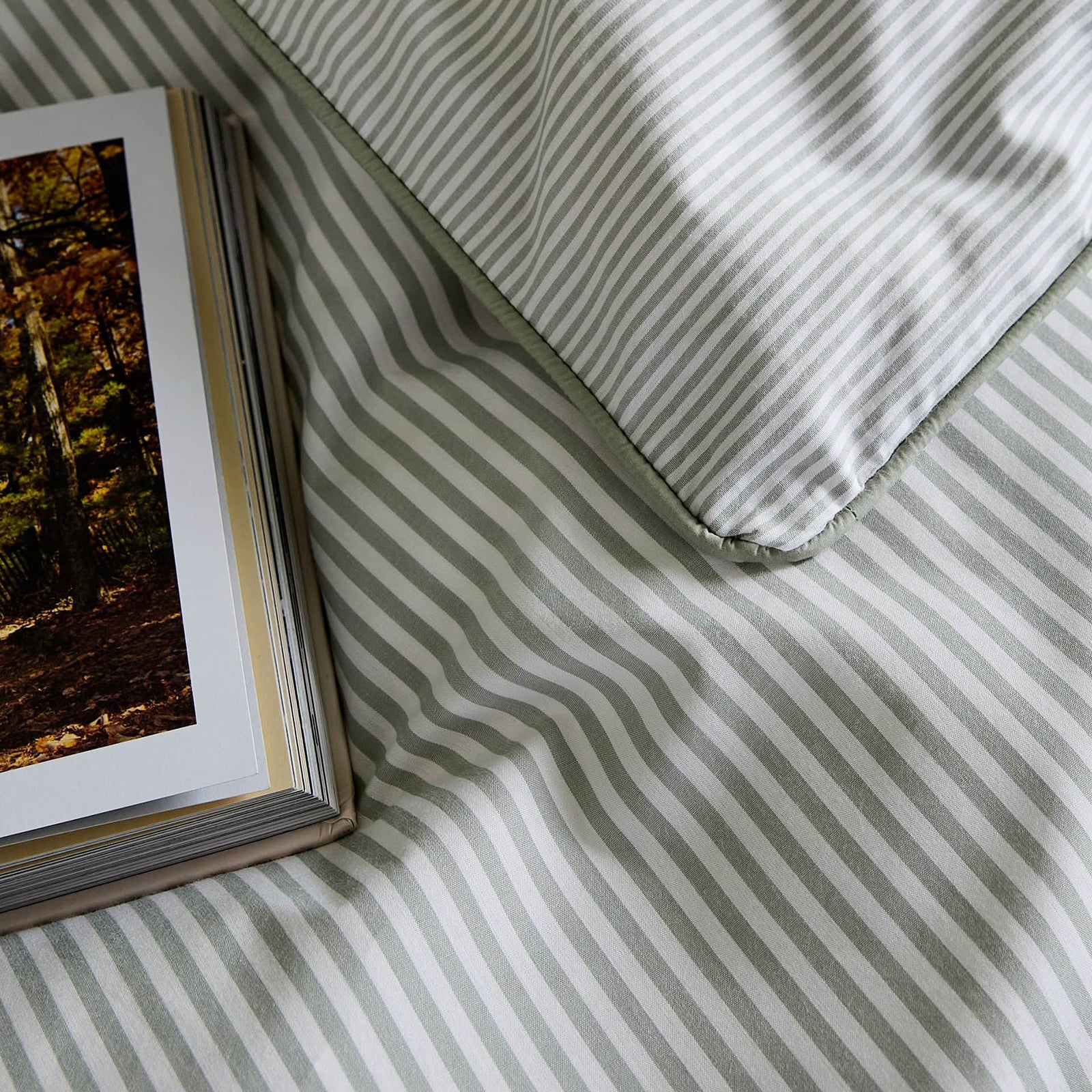 Luxury Organic Cotton Sage Green Striped Duvet Cover