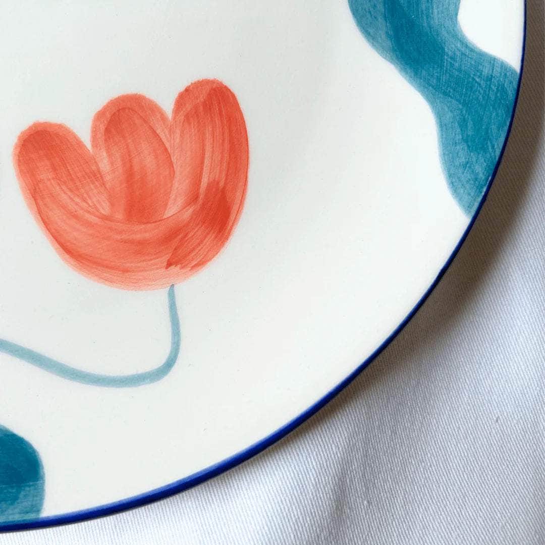 Large Tulip Dinner Plates (Blue Rim) (Set of 2)
