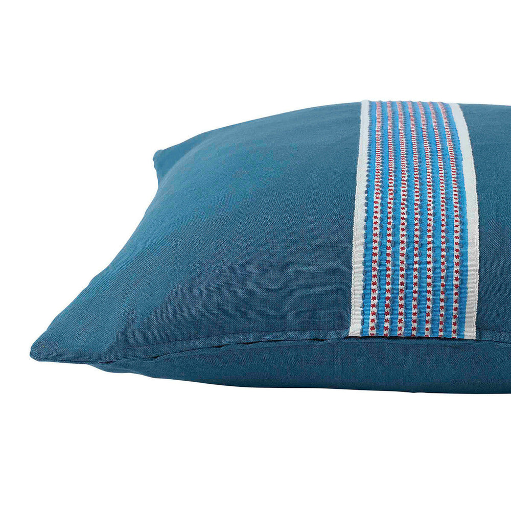 Cushion Dark Blue Linen with Stripe & Dot Blue/Red Tape