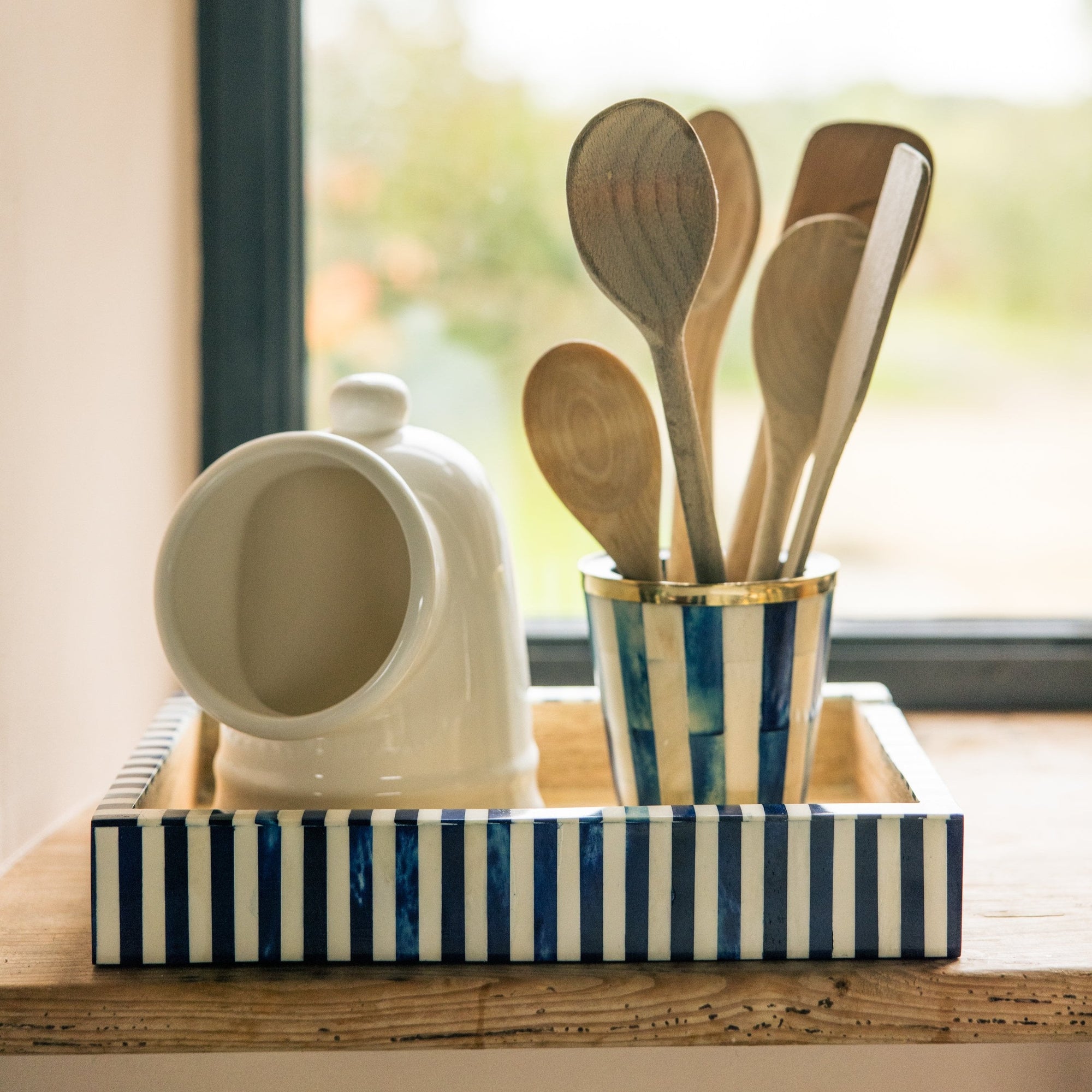 Inlay Brush Pot | Blue & White | Striped