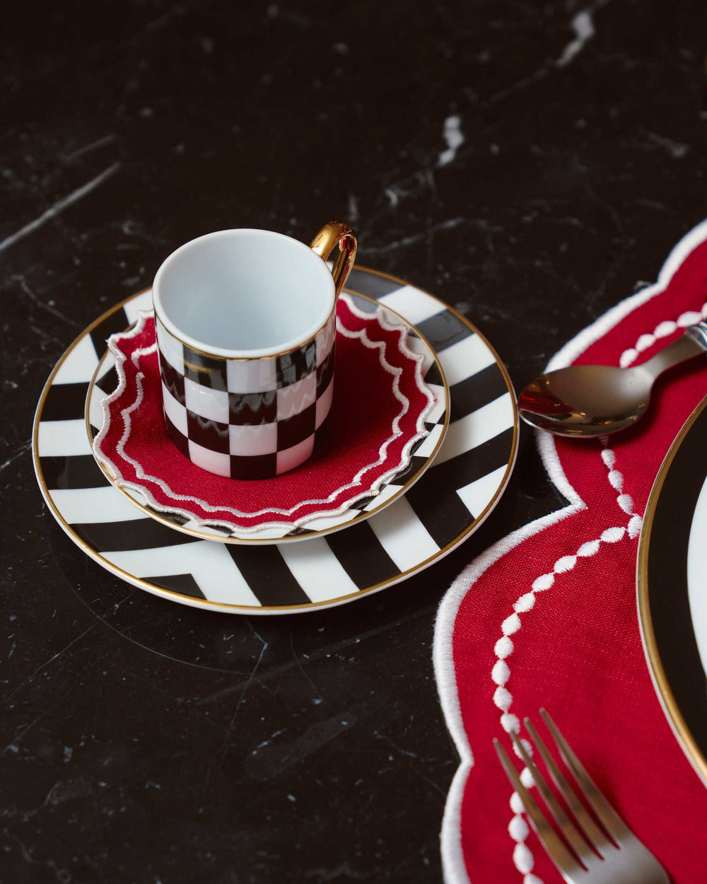 Navy Coaster/Bread Mat, Red with White