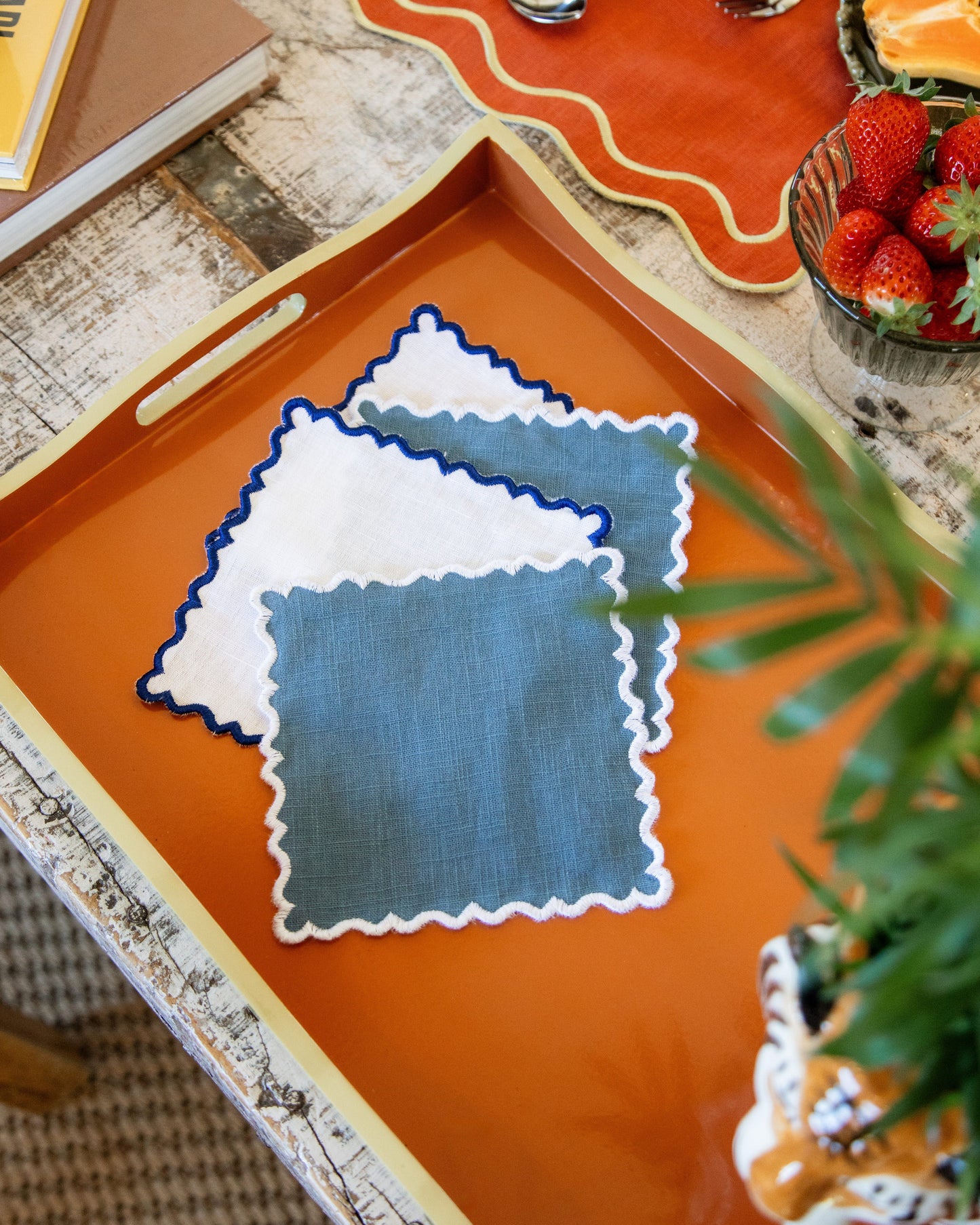 Scalloped Cocktail Napkin, Blue with White