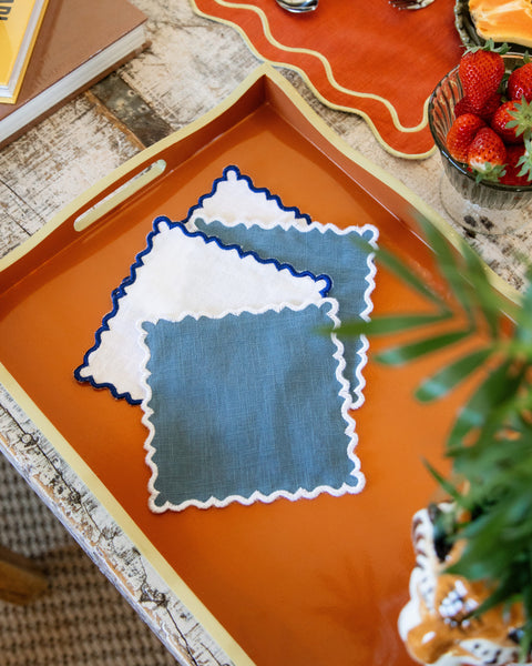 Scalloped Cocktail Napkin, Blue with White