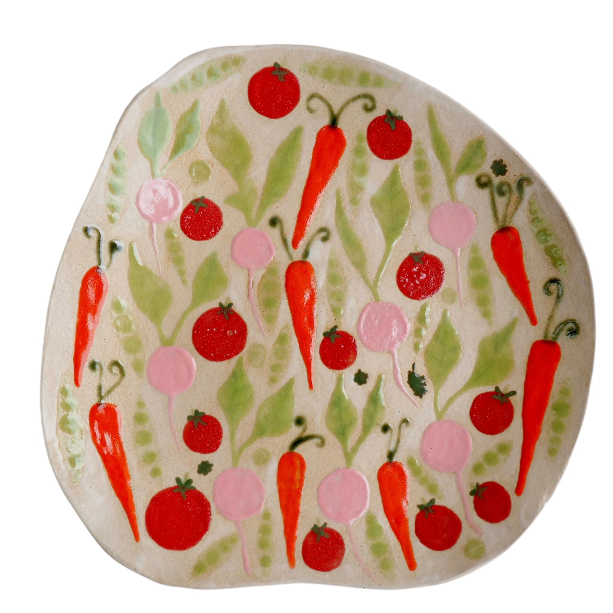 Handmade Ceramic Plate with Carrots Tomatoes Radishes & Peas