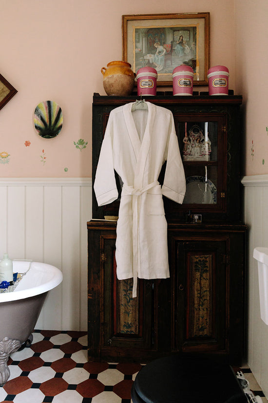 Personalised Two Initial Liège Robe in Ivory White Waffle with Olive Green Hemstitch