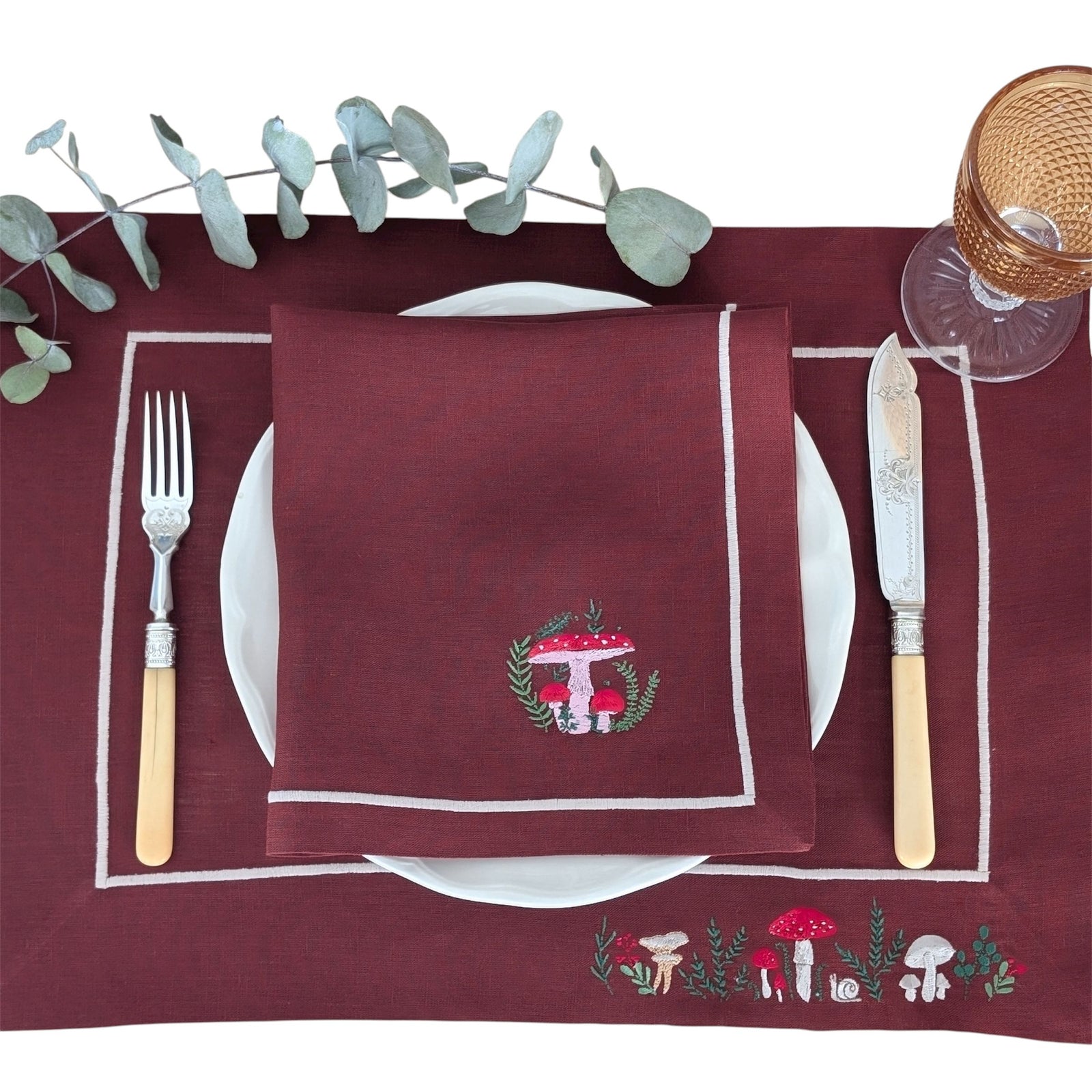 FALL - Mushroom Embroidered Bordeaux Placemat and Napkin Set