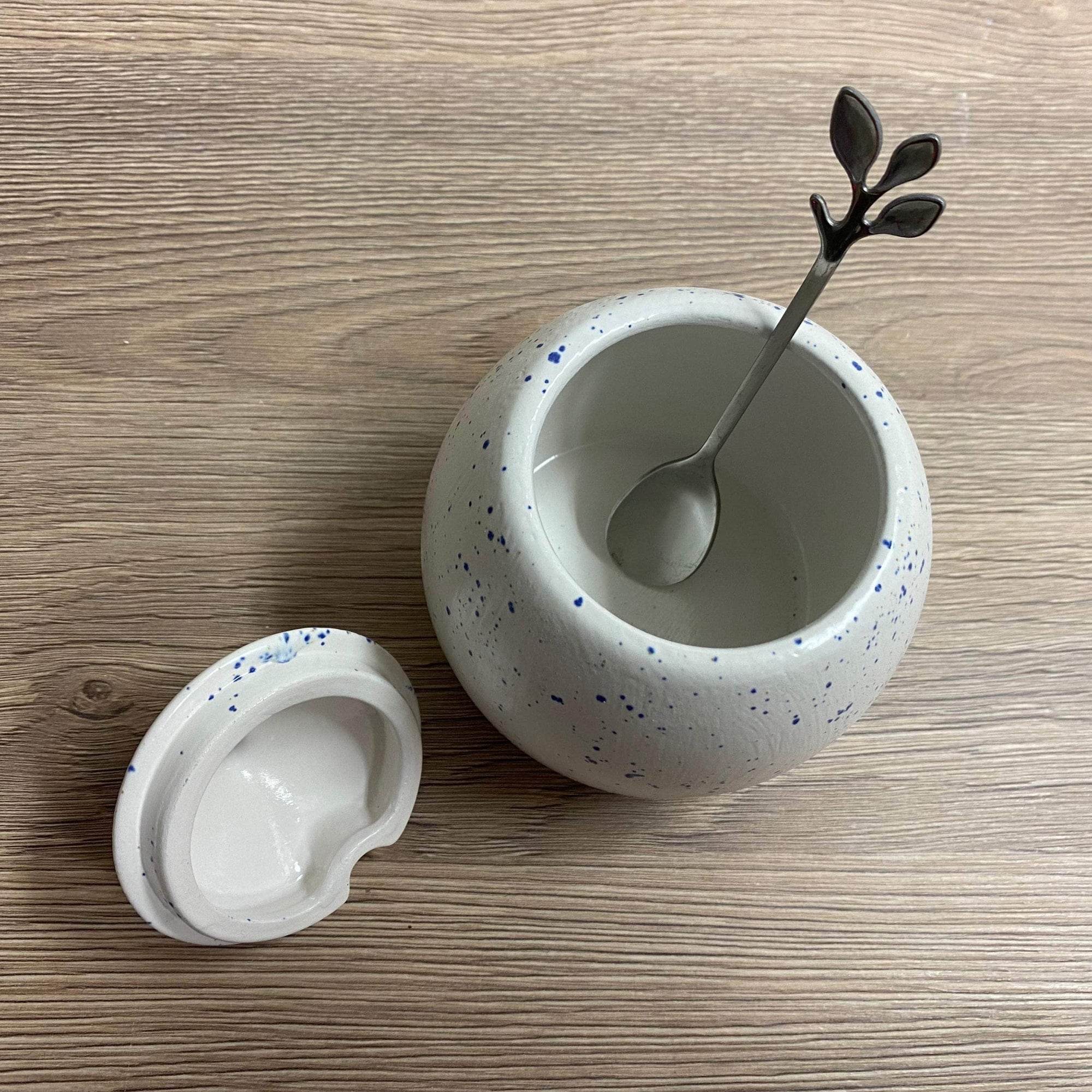 Sugar Bowl with Spoon Light Speckled Blue