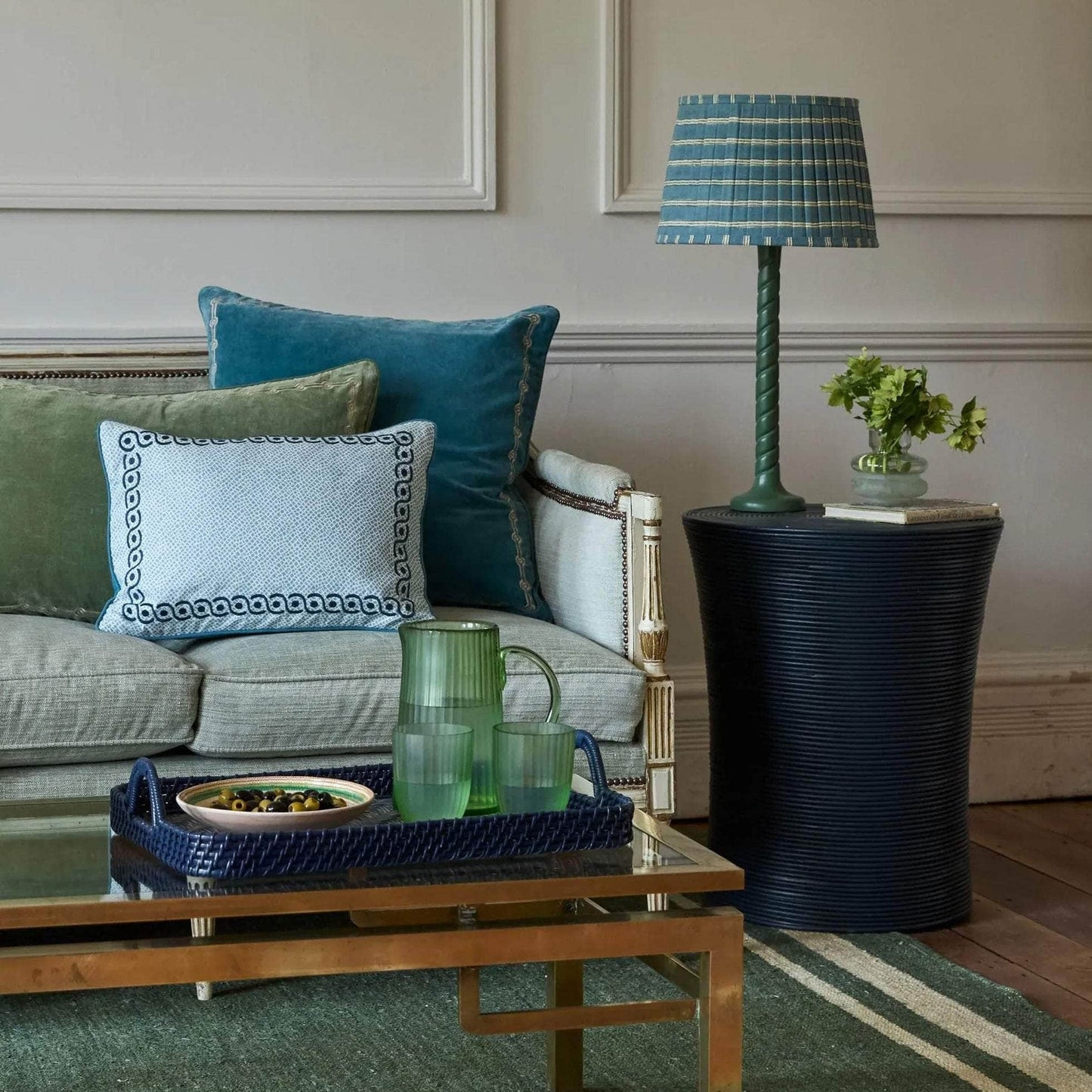 Edo Stripe Pleated Lampshade - Blue and Sage Green