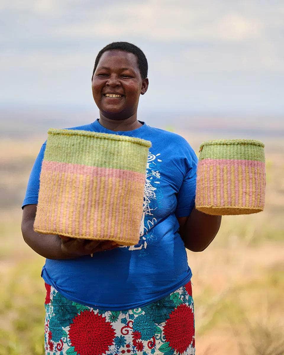 HOJA: Pink, Yellow & Green Stripe Woven Storage Basket