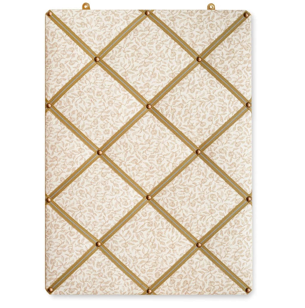 Ribboned Bulletin Board in Volga's Pomegranate Print in Tawny Gold with Olive Trim
