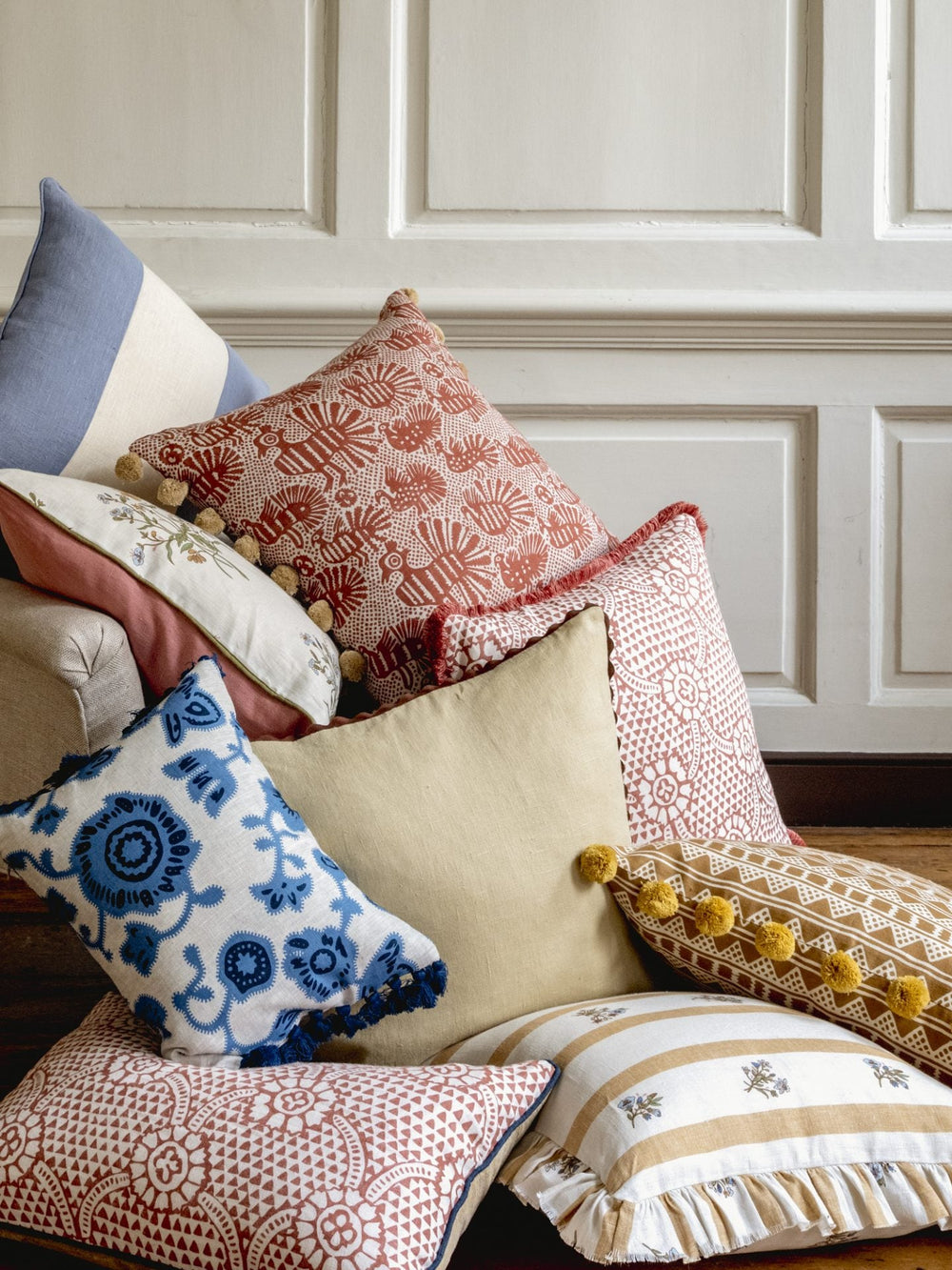 Flax & Field Posy Stripe Cushion in Ochre with Frill