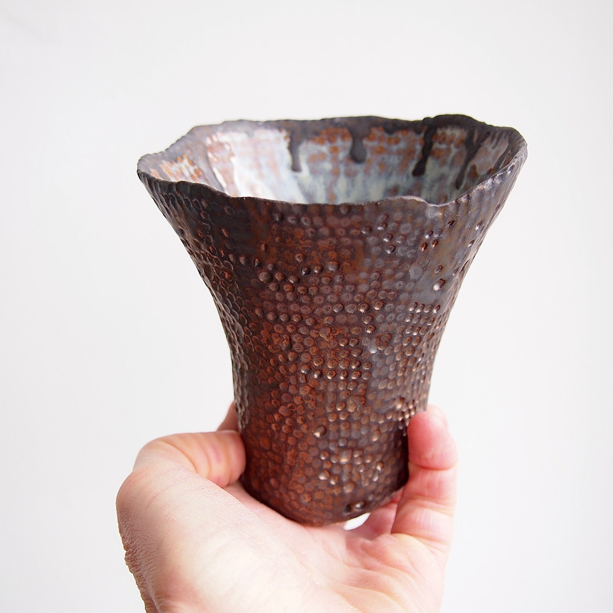 Handmade Bronze Dot Ceramic Vase with Blue Brown Swirly Interior