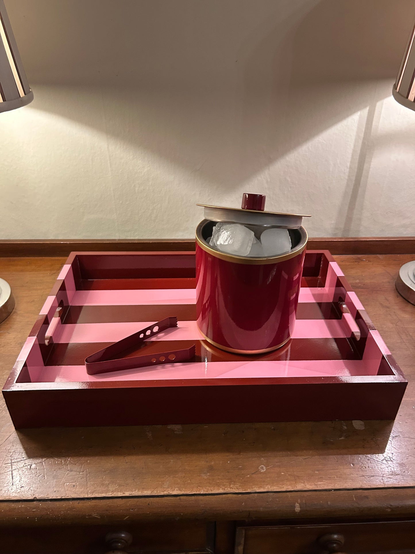 Red Ice Bucket with Hand-painted gold edge- double lined stainless steel