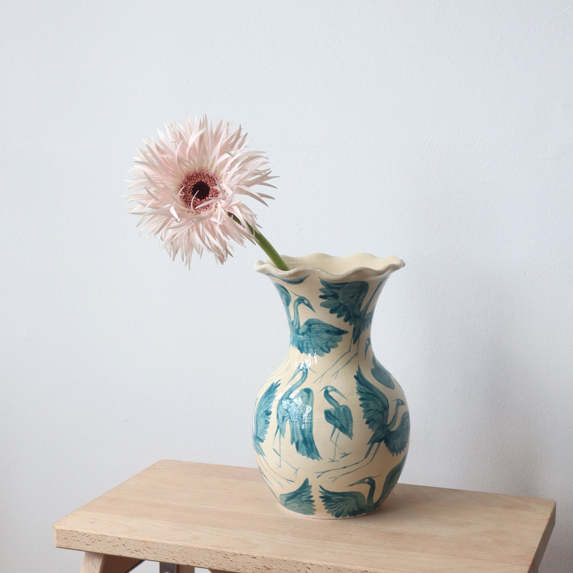 Herons Hand Painted Scalloped Vase - Teal
