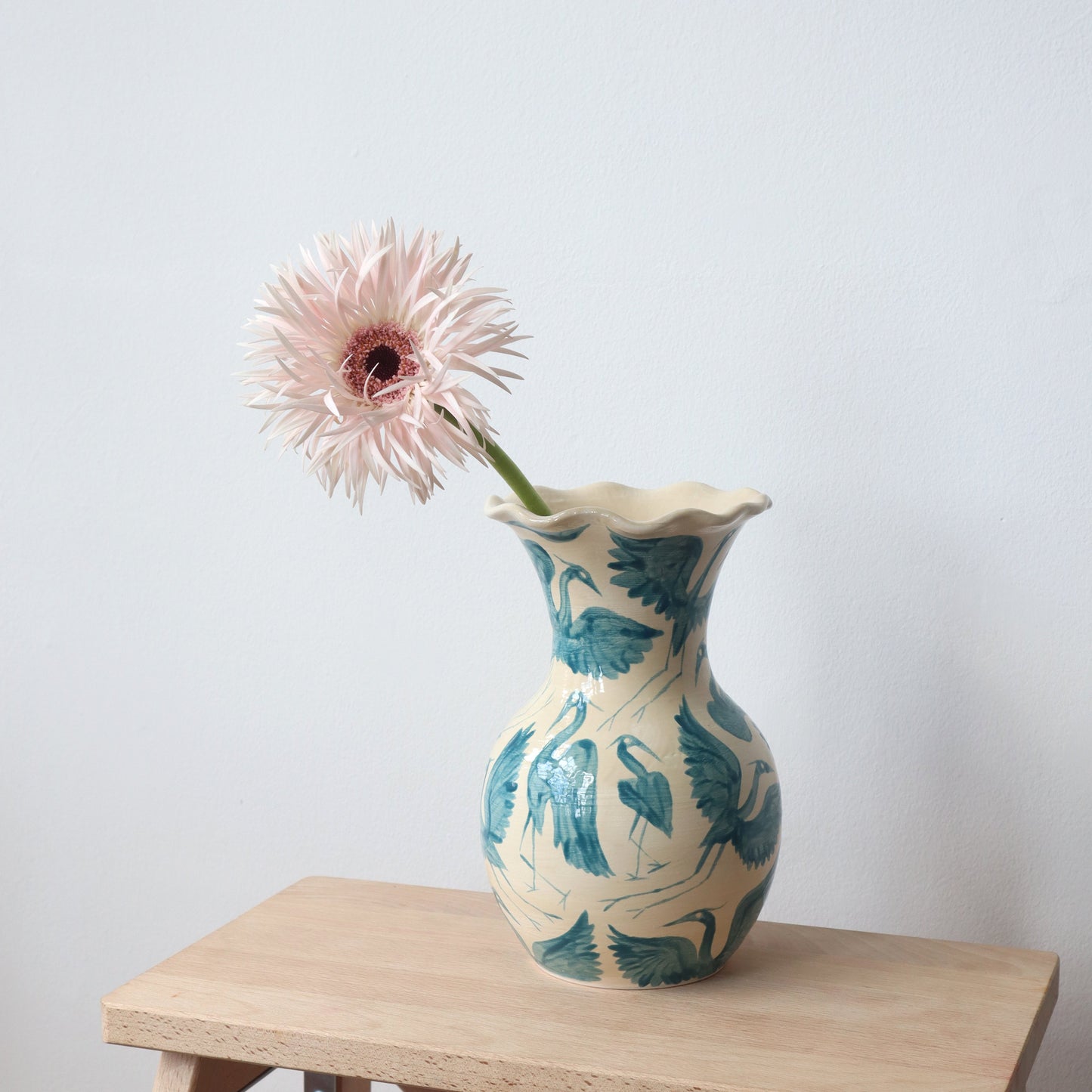 Herons Hand Painted Scalloped Vase - Teal