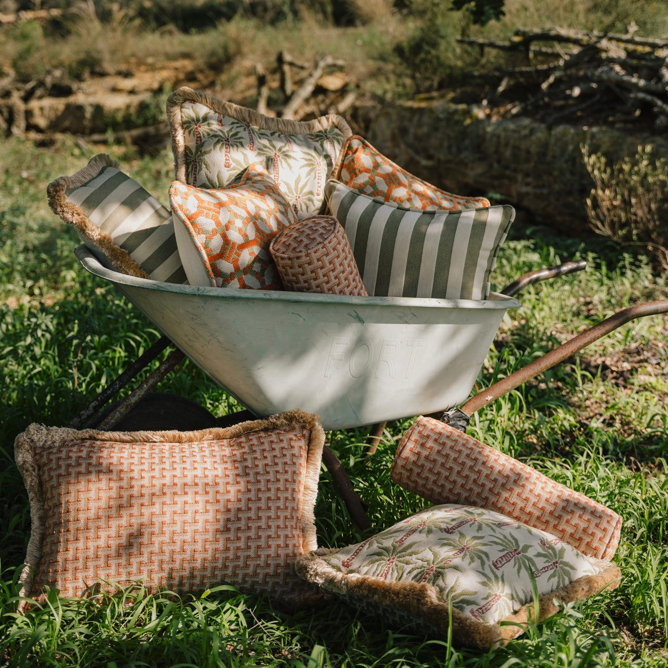 Double sided cushion Jackie Olive & Ecru x Rosita Olive & Rose