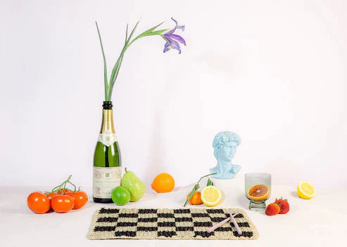 Black Checked Placemat, Rectangular Raffia Tabletop