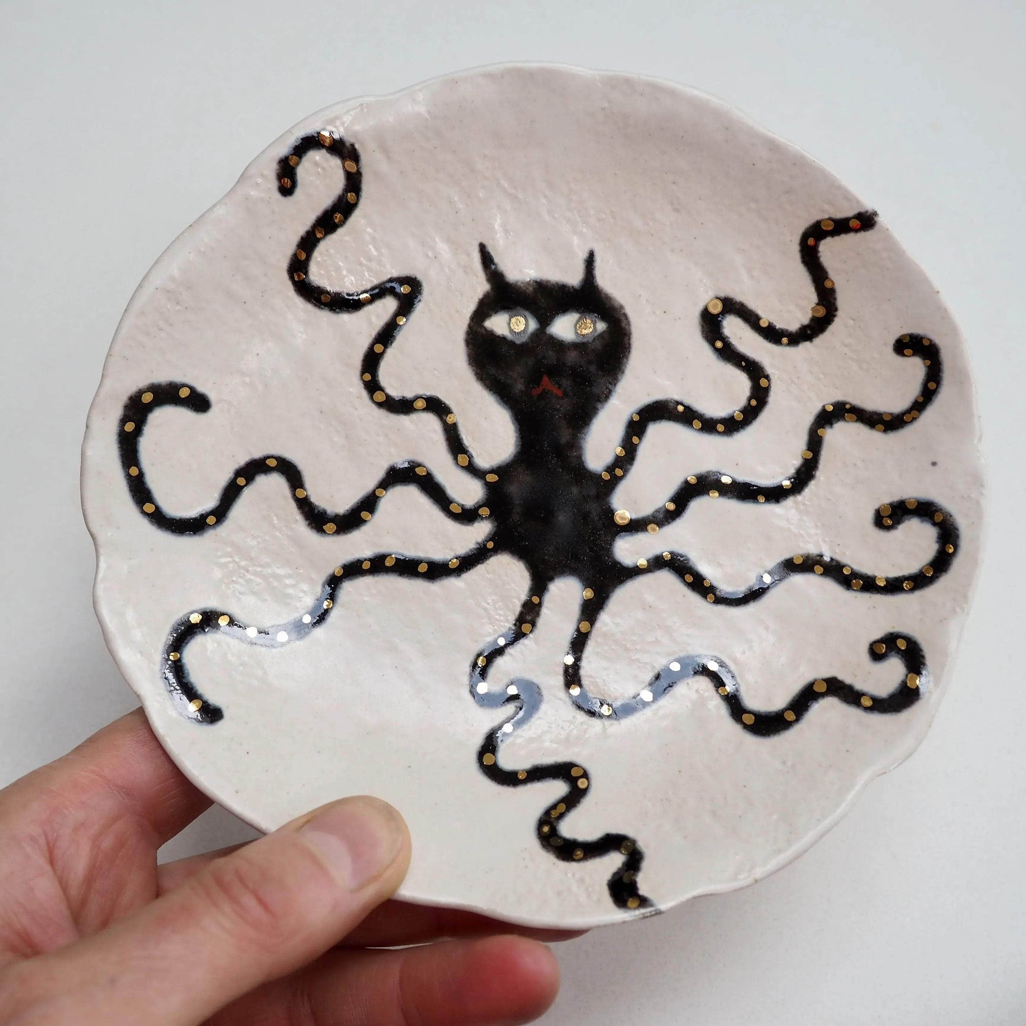 Handmade Octopus Illustrated Small Ceramic Plate With Gold Lustre