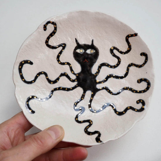 Handmade Octopus Illustrated Small Ceramic Plate With Gold Lustre