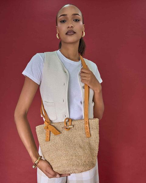 DUNIA: Sisal and Leather Light Taupe Shoulder Bag