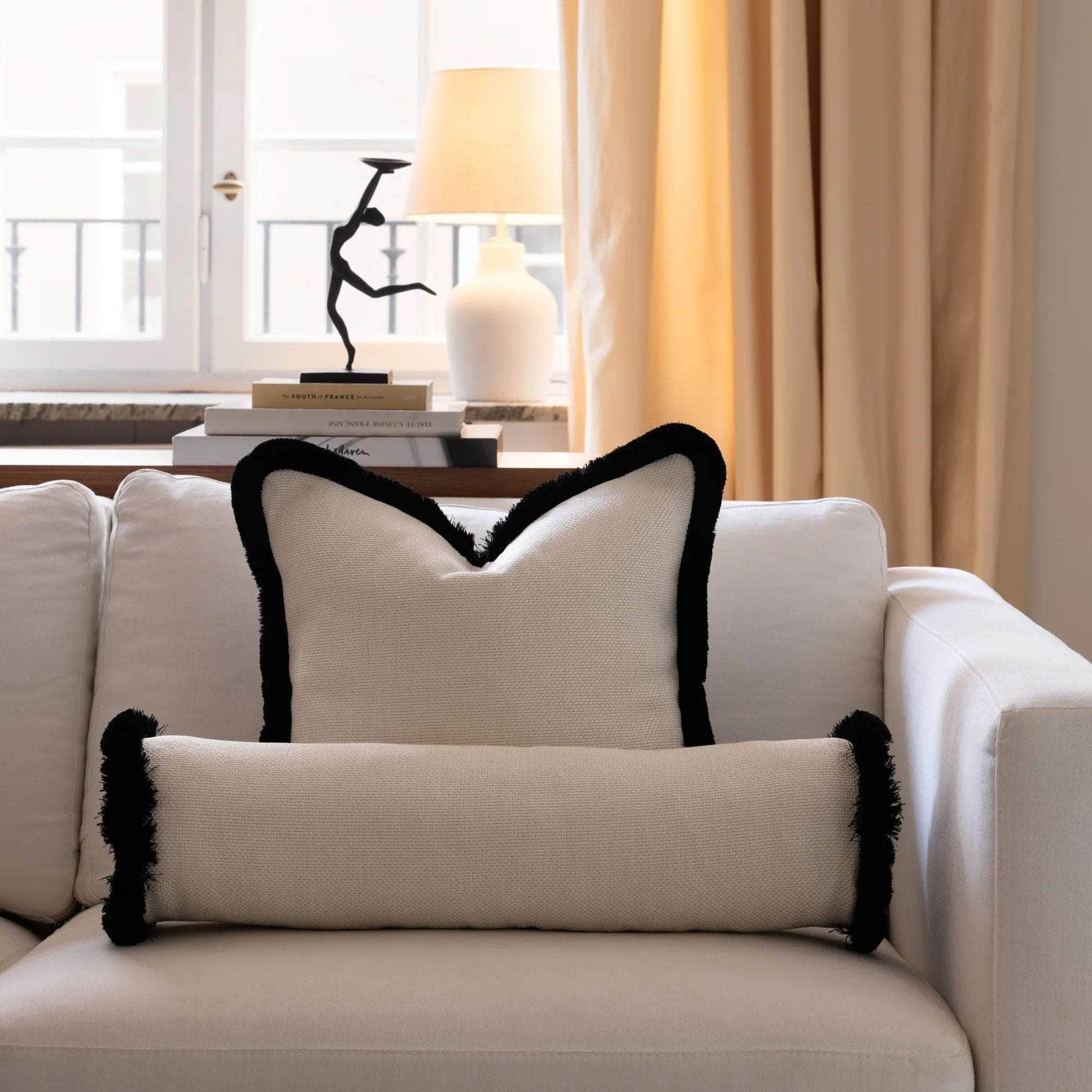 Pillow Cover - Quilted Fringe Pillow Cover - Ivory White & Black Fringe