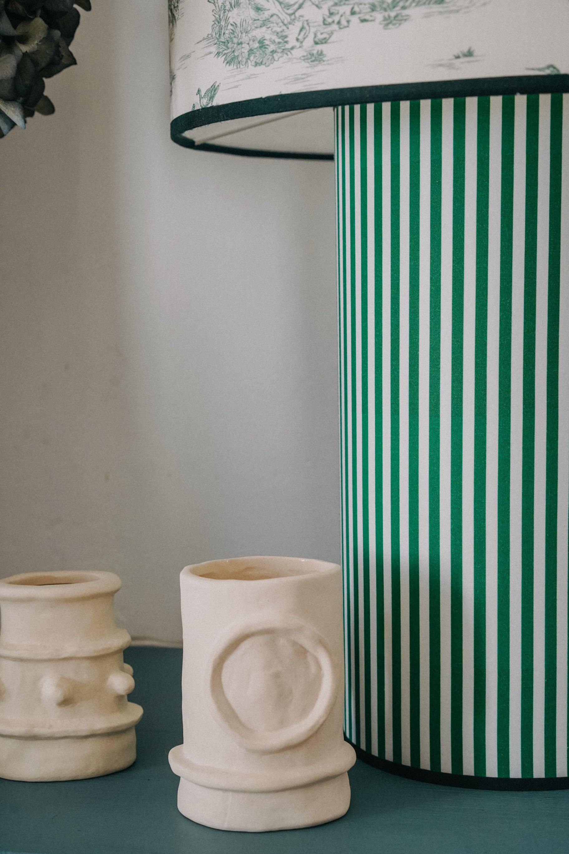 OCTAVEO - Green Striped and Toile de Jouy Table Lamp