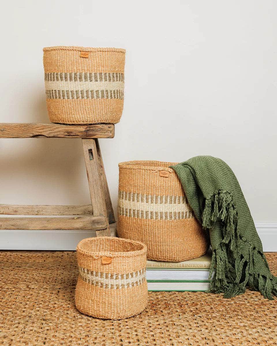 SUKARI: Beige & White Stripe Woven Storage Basket