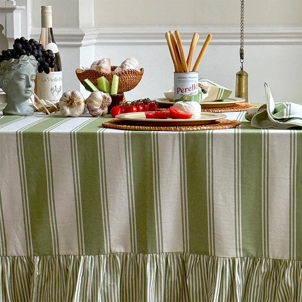Murano Stripe Organic Ruffled Cotton Tablecloth - Oliva Verde